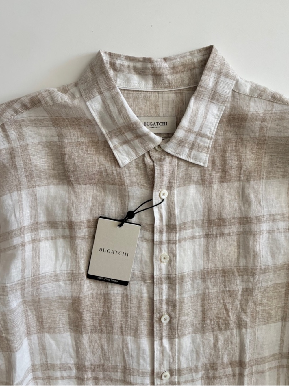 Bugatchi Shirt Shaped Fit 100% Fine Linen Sand Plaid Check Nwt XL